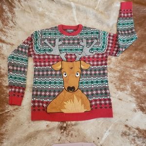 33 Degrees Ugly Christmas Sweater Mens Medium Reindeer w/ Pocket White Red Green